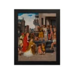 Vintage wall art of a city gathering scene with warm tones, historic buildings, and a group of people around a central figure. hung on the wall