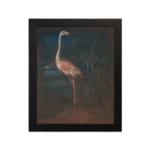 Vintage wall art of a pink flamingo standing in a dark, natural setting with elegant contrast and tropical plants in the background. hung on the wall