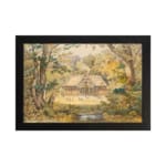 Vintage wall art of a peaceful countryside with a stream, tall trees, and a wooden house in soft earthy tones. hung on the wall
