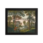 Vintage forest wall art with tall trees, red flowers, and a serene river scene. hung on the wall