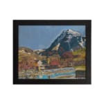 Vintage village at the base of snowy peaks with colorful houses, hills, and a serene river or pond. hung on the wall