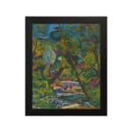Vintage wall art of a vibrant forest with a colorful flowing stream and expressive brushstrokes. hung on the wall