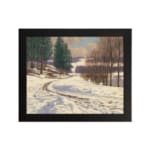 Vintage wall art of a snow-covered pathway with pine trees and a calm winter landscape, framed in black. hung on the wall