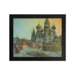Vintage snowy cityscape with Russian domes, soft blue and yellow tones, cozy winter scene by Infidu. hung on the wall