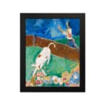 Vintage wall art of a white cow with brown spots in a colorful storybook-style field with flowers, a person, and a blue sky. hung on the wall