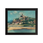 Vintage wall art of a hilltop fort and village with scenic river, soft colors, and calm sky. hung on the wall