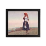 Vintage wall art of a woman on a grassy cliff overlooking the sea, wearing a red headscarf and holding a jug, in soft earthy tones. hung on the wall