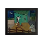 Vintage folk-art wall art with abstract animals, a green-roofed barn, and a crescent moon in a dark blue sky. hung on the wall