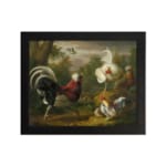 Vintage wall art of roosters and hens in a peaceful farmyard setting with natural earthy tones. hung on the wall