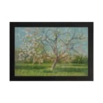 Vintage wall art of a spring meadow with a blossoming tree in soft pink, green, and blue tones by Infidu. hung on the wall