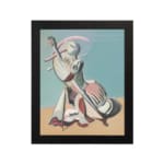 Vintage abstract wall art of a stylized cello player in soft pastel tones with geometric shapes and minimal background. hung on the wall