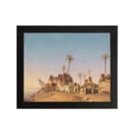 Vintage wall art of a desert village with brown huts, palm trees, and a soft blue-beige sky. hung on the wall