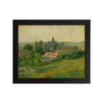 Infidu Vintage Countryside Landscape Wall Art featuring a charming village scene with green fields, trees, and a warm yellow sky. hung on the wall