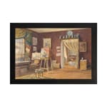 Vintage wall art of a cozy artist studio with maroon walls, easel, chairs, and natural light. hung on the wall