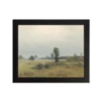 Infidu vintage wall art of a quiet countryside with soft green fields, trees, and a cloudy sky in muted tones. hung on the wall