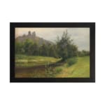 Vintage countryside wall art with hills, stream, and trees in soft green and blue tones by Infidu. hung on the wall
