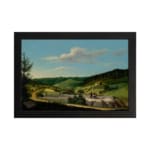 Vintage countryside wall art with hills, houses, and blue sky. hung on the wall
