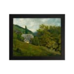 Vintage countryside wall art with green hills, trees, and a gray-roofed house in a calm rural setting. hung on the wall