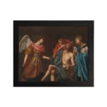 Vintage religious wall art with an angel and three figures in muted robes on a dark background. hung on the wall