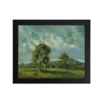 Vintage wall art of peaceful hills and soft clouds in natural green and blue tones. hung on the wall