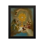 Vintage wall art of angels surrounding a glowing golden sacred symbol with soft clouds and light in the background. hung on the wall