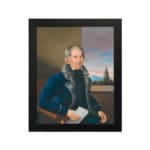 Vintage portrait wall art of an older man in a fur-trimmed coat holding a paper, with a window view and soft sky in the background. hung on the wall