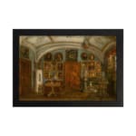 Vintage wall art of an ornate historic interior with chandeliers, framed portraits, and richly detailed furniture in warm earthy tones. hung on the wall
