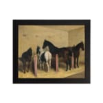 Vintage stable wall art with calm horses standing on hay in soft natural tones. hung on the wall