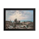 Vintage wall art of a rocky coast with calm blue water and a soft pastel sky in pink, cream, and blue tones. hung on the wall