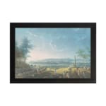 Vintage lakeside scene with people, hills, and a calm sky in soft tones. hung on the wall