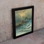 Vintage wall art of a snowy cottage on a hillside with bare trees, frozen stream, and soft blue tones in a peaceful winter scene. displayed on the wall