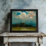 Vintage cloudscape wall art with soft pink, gray, and white clouds over a calm green landscape. displayed on the wall