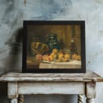 Infidu classic still life vintage wall art with peaches, jug, and candle on a wooden table, perfect for warm, rustic dining room decor. displayed on the wall