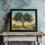 Vintage wall art of a lone tree in a peaceful landscape with soft green hills, distant hills, and a gentle blue and peach sky. displayed on the wall