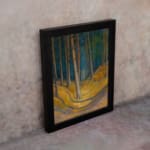 Infidu vintage wall art showing a serene forest path with tall trees and earthy colors. displayed on the wall