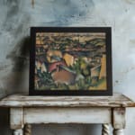 Cubist cityscape vintage wall art in warm earthy tones with abstract rooftops and buildings by Infidu. displayed on the wall