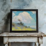 Infidu vintage wall art with blue sky, fluffy white cloud, green hill, and small trees in a peaceful outdoor landscape. displayed on the wall