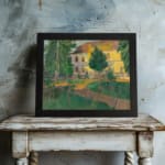 Vintage countryside house with trees and greenery wall art displayed on the wall
