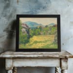 Vintage wall art featuring peaceful green fields, yellow flowers, and blue hills, creating a calming nature scene. displayed on the wall