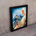 Vintage art of a woman with a flower and clay pot, set against a peaceful sky and mountains. displayed on the wall