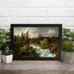 Vintage river flowing through a dense forest, with green trees and soft blue sky, framed in black. displayed on the wall