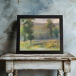 Vintage countryside wall art with yellow flower fields, tall green trees, and a soft cloudy sky in natural tones. displayed on the wall