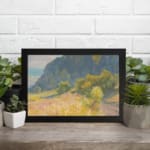 Infidu vintage wall art with a peaceful mountain, a grassy field, and soft natural colors in a calming countryside scene. displayed on the wall