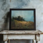 Serene vintage art of a deer in a peaceful nature landscape with soft browns, greens, and a misty atmosphere. displayed on the wall