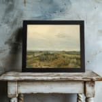 Infidu vintage wall art featuring peaceful countryside river, fields, and trees in soft green, brown, and beige tones. displayed on the wall