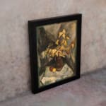 Infidu vintage wall art showing a brown vase with yellow leaves and fruits in warm, earthy tones. displayed on the wall