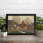 Vintage countryside autumn scene wall art with houses, colorful trees, and soft natural colors in a serene, peaceful setting. displayed on the wall