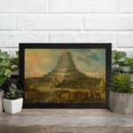 Infidu Vintage Spiral Tower and Dreamy Landscape Wall Art showing a spiral tower with small buildings, soft colors, and a dreamy sky. displayed on the wall
