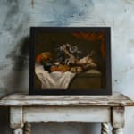 Infidu Vintage Still Life with Fruits and Animals Wall Art, showcasing a table with fruits, birds, and a rabbit, framed in dark tones. displayed on the wall