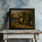 Vintage wall art of a farmyard scene with chickens, chicks, and a dog in earthy tones, evoking a cozy, rustic feel. displayed on the wall